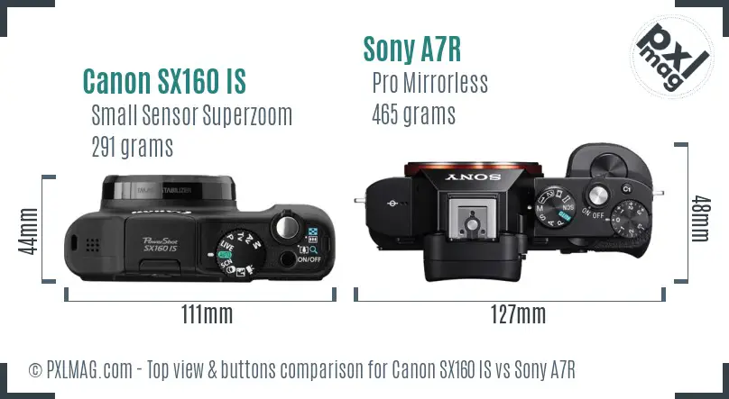 Canon SX160 IS vs Sony A7R top view buttons comparison