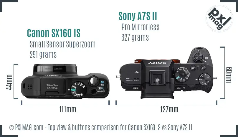 Canon SX160 IS vs Sony A7S II top view buttons comparison