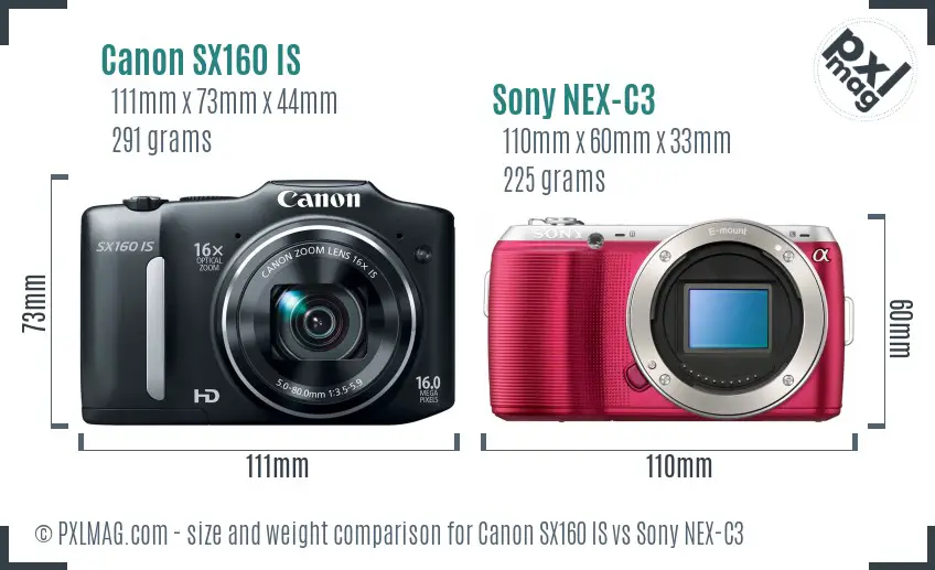 Canon SX160 IS vs Sony NEX-C3 size comparison