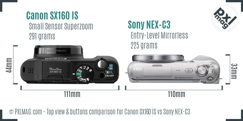 Canon SX160 IS vs Sony NEX-C3 top view buttons comparison