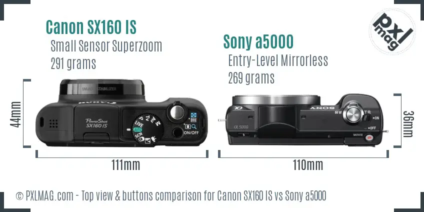 Canon SX160 IS vs Sony a5000 top view buttons comparison