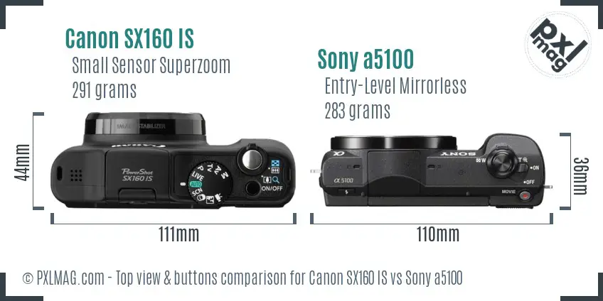 Canon SX160 IS vs Sony a5100 top view buttons comparison