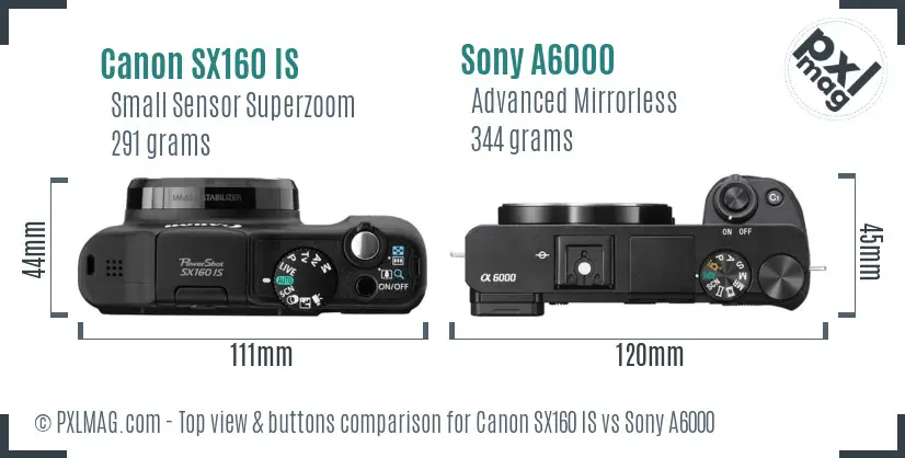 Canon SX160 IS vs Sony A6000 top view buttons comparison