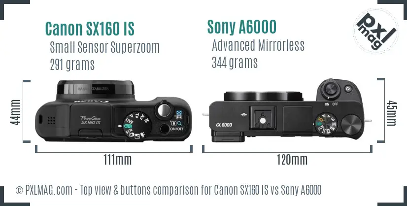 Canon SX160 IS vs Sony A6000 top view buttons comparison Canon SX160 IS vs Sony A6000 top view buttons comparison