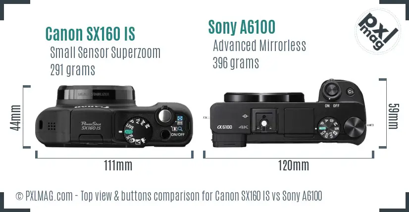 Canon SX160 IS vs Sony A6100 top view buttons comparison