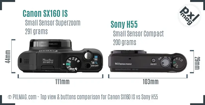 Canon SX160 IS vs Sony H55 top view buttons comparison Canon SX160 IS vs Sony H55 top view buttons comparison
