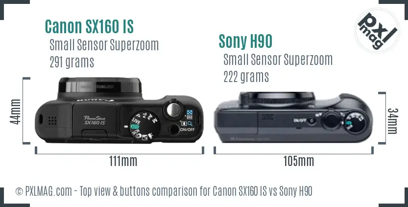 Canon SX160 IS vs Sony H90 top view buttons comparison Canon SX160 IS vs Sony H90 top view buttons comparison