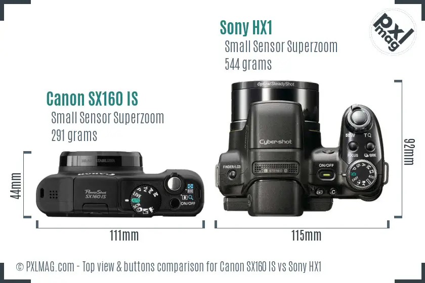 Canon SX160 IS vs Sony HX1 top view buttons comparison Canon SX160 IS vs Sony HX1 top view buttons comparison