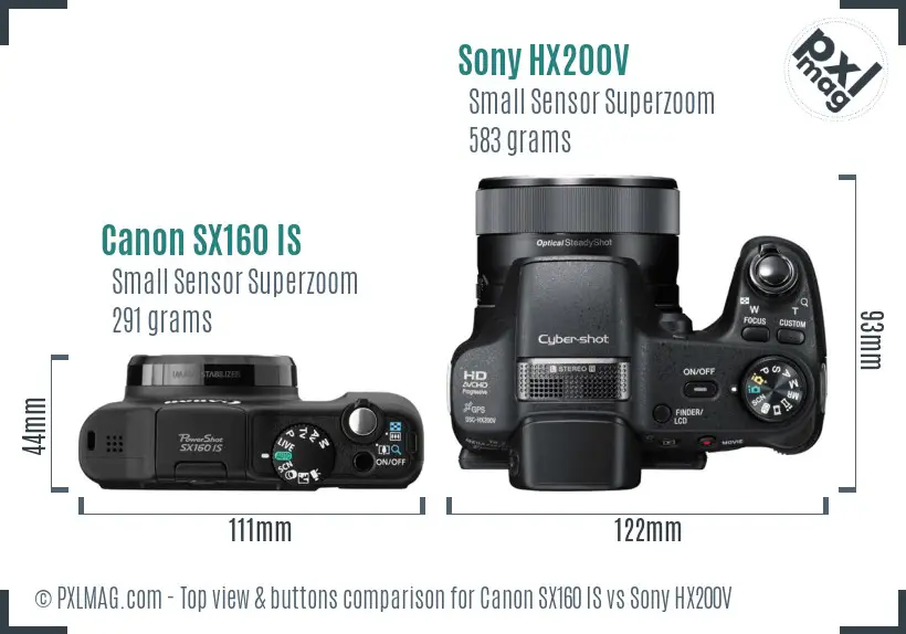 Canon SX160 IS vs Sony HX200V top view buttons comparison Canon SX160 IS vs Sony HX200V top view buttons comparison