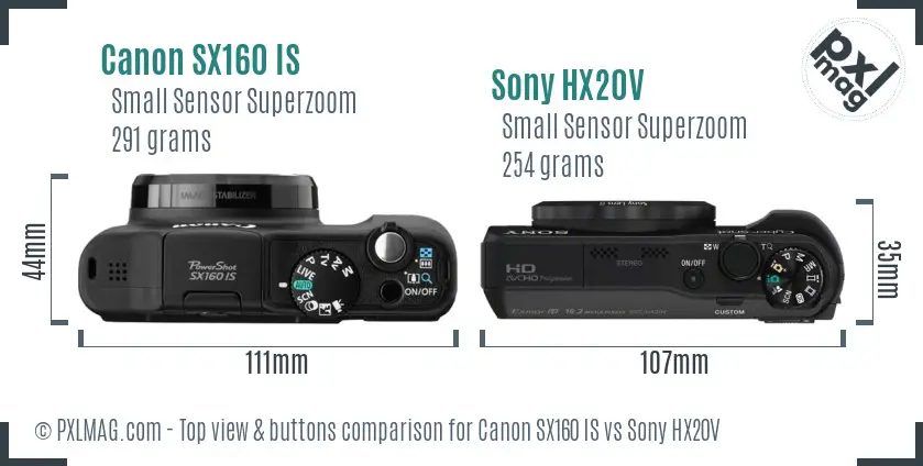 Canon SX160 IS vs Sony HX20V top view buttons comparison
