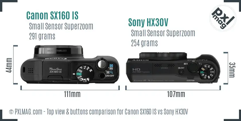 Canon SX160 IS vs Sony HX30V top view buttons comparison