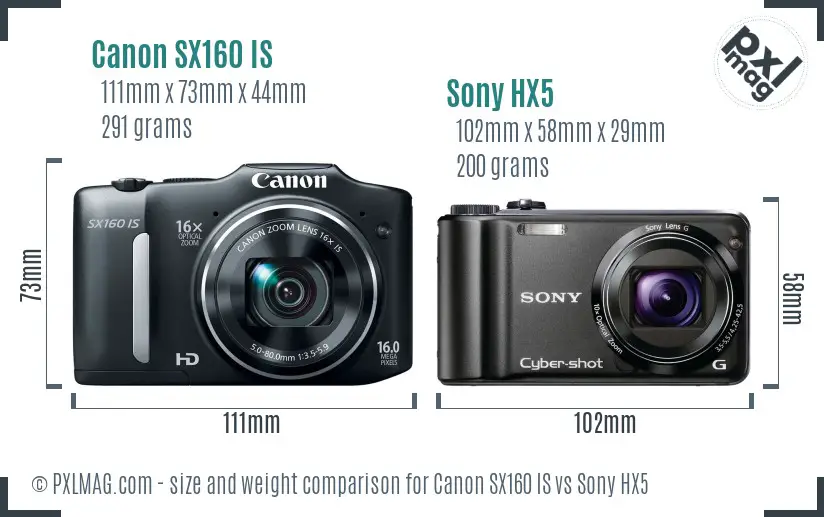 Canon SX160 IS vs Sony HX5 size comparison