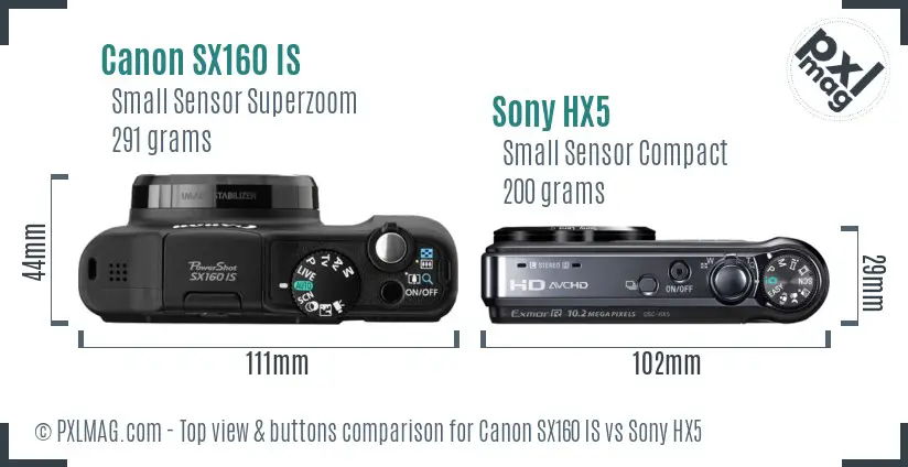 Canon SX160 IS vs Sony HX5 top view buttons comparison