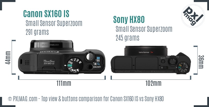Canon SX160 IS vs Sony HX80 top view buttons comparison