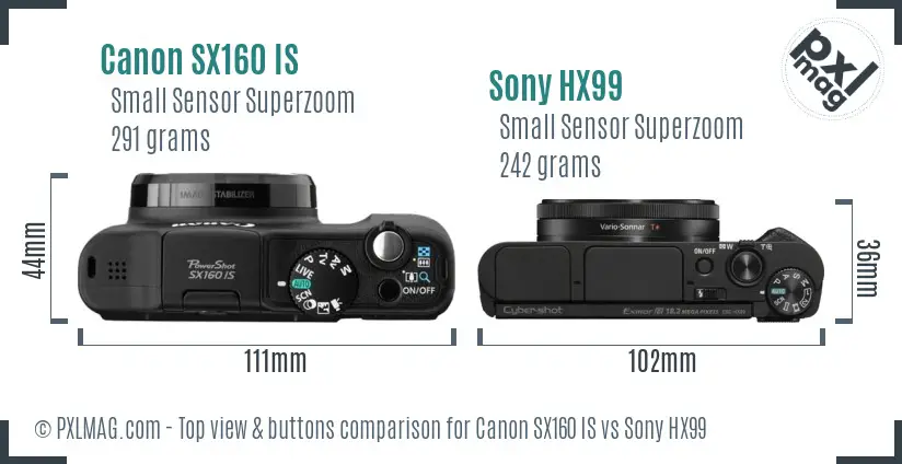 Canon SX160 IS vs Sony HX99 top view buttons comparison