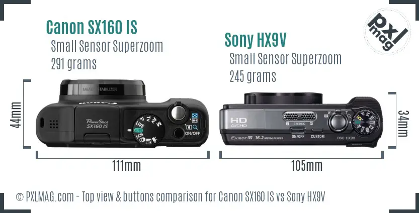 Canon SX160 IS vs Sony HX9V top view buttons comparison Canon SX160 IS vs Sony HX9V top view buttons comparison