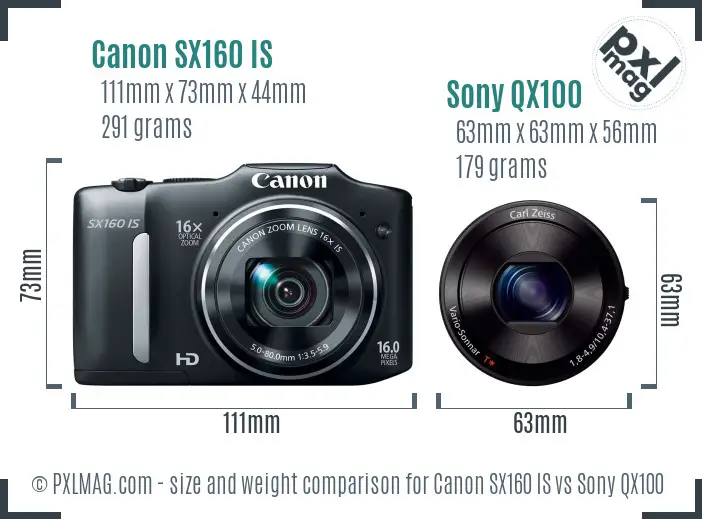 Canon SX160 IS vs Sony QX100 size comparison