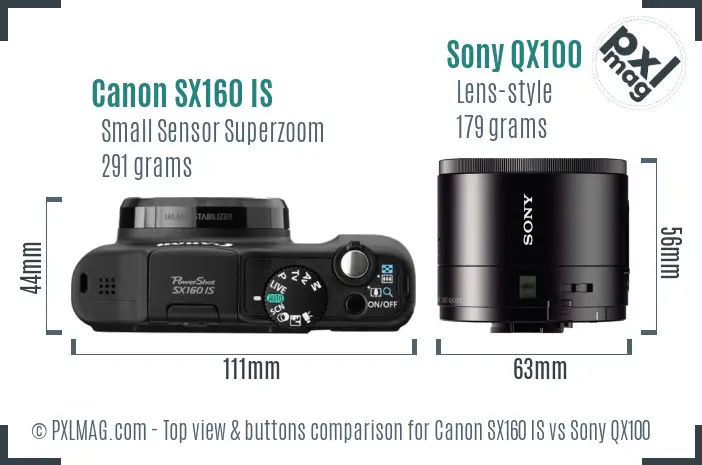 Canon SX160 IS vs Sony QX100 top view buttons comparison