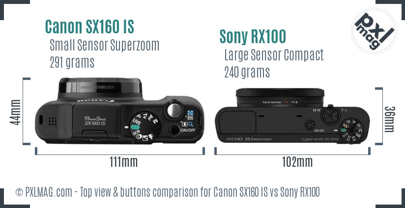 Canon SX160 IS vs Sony RX100 top view buttons comparison