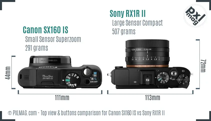 Canon SX160 IS vs Sony RX1R II top view buttons comparison Canon SX160 IS vs Sony RX1R II top view buttons comparison