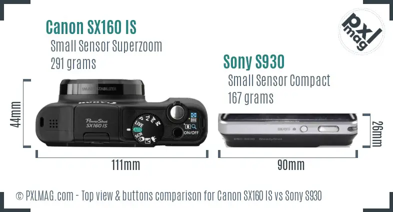 Canon SX160 IS vs Sony S930 top view buttons comparison