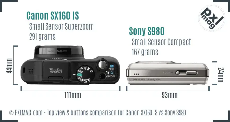 Canon SX160 IS vs Sony S980 top view buttons comparison