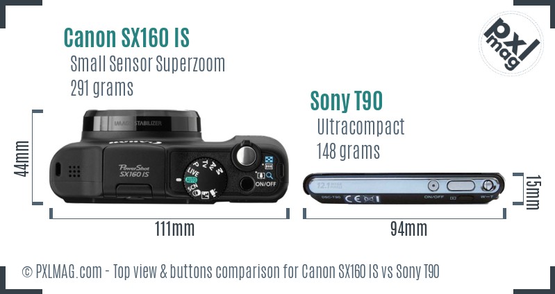 Canon SX160 IS vs Sony T90 top view buttons comparison