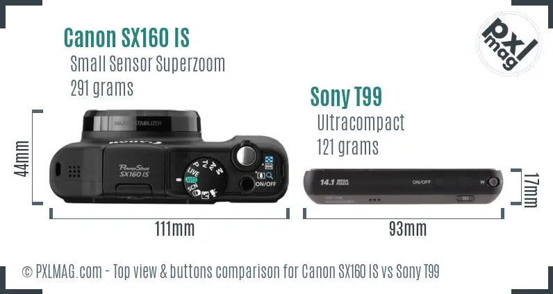 Canon SX160 IS vs Sony T99 top view buttons comparison