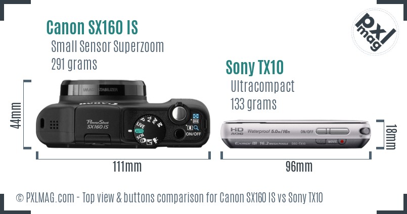 Canon SX160 IS vs Sony TX10 top view buttons comparison
