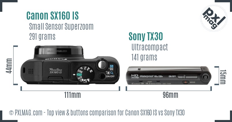 Canon SX160 IS vs Sony TX30 top view buttons comparison