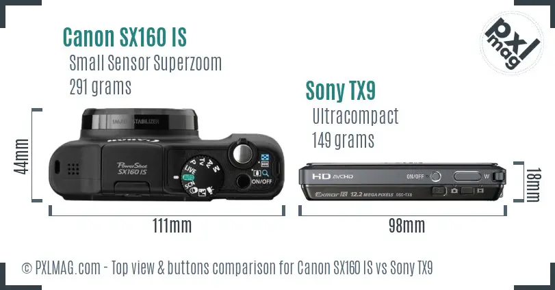 Canon SX160 IS vs Sony TX9 top view buttons comparison Canon SX160 IS vs Sony TX9 top view buttons comparison