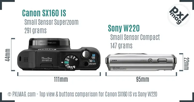 Canon SX160 IS vs Sony W220 top view buttons comparison