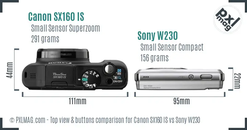 Canon SX160 IS vs Sony W230 top view buttons comparison