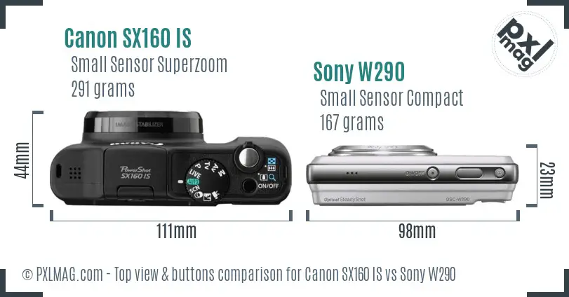 Canon SX160 IS vs Sony W290 top view buttons comparison