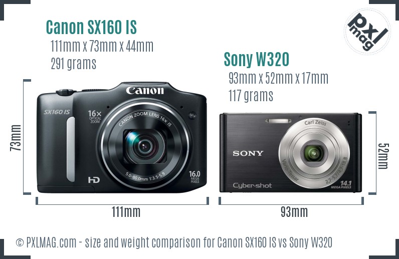 Canon SX160 IS vs Sony W320 size comparison
