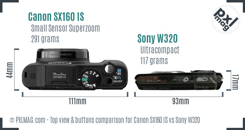 Canon SX160 IS vs Sony W320 top view buttons comparison