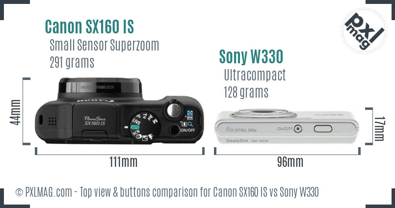Canon SX160 IS vs Sony W330 top view buttons comparison