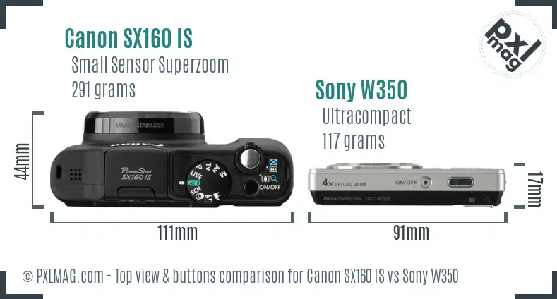 Canon SX160 IS vs Sony W350 top view buttons comparison