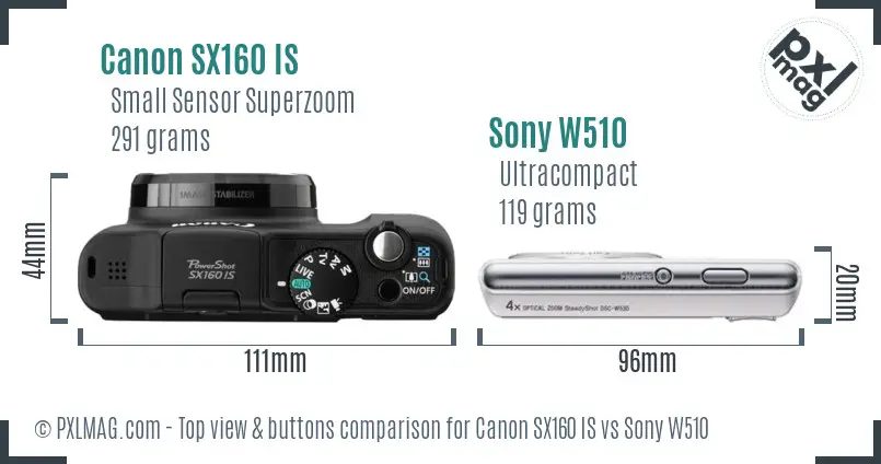 Canon SX160 IS vs Sony W510 top view buttons comparison