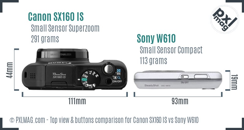 Canon SX160 IS vs Sony W610 top view buttons comparison