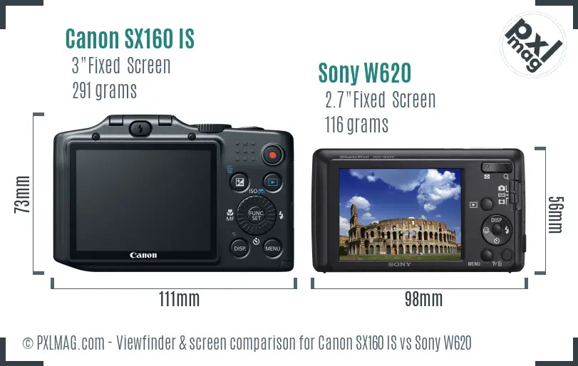 Canon SX160 IS vs Sony W620 Screen and Viewfinder comparison