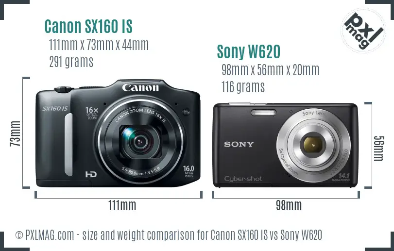 Canon SX160 IS vs Sony W620 size comparison