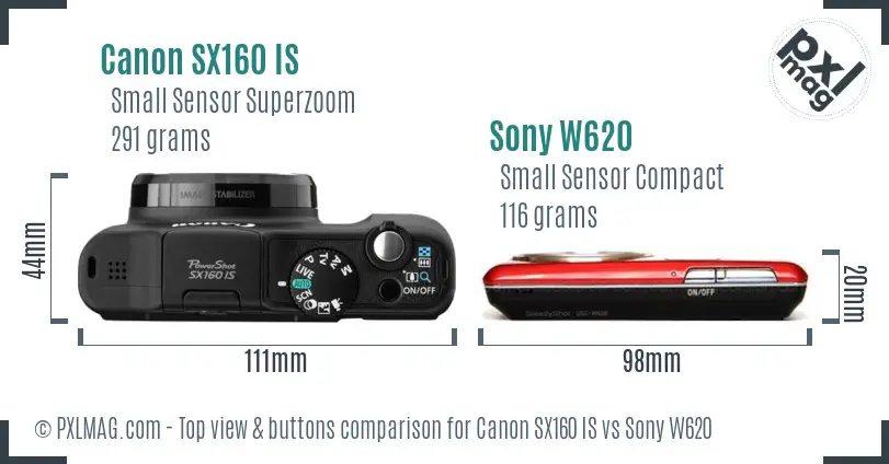 Canon SX160 IS vs Sony W620 top view buttons comparison