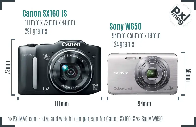 Canon SX160 IS vs Sony W650 size comparison