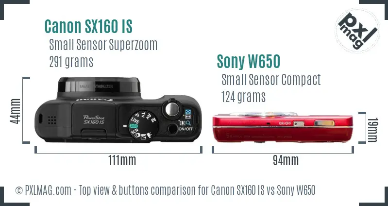 Canon SX160 IS vs Sony W650 top view buttons comparison