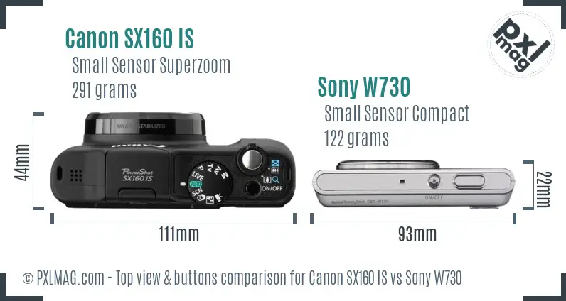 Canon SX160 IS vs Sony W730 top view buttons comparison Canon SX160 IS vs Sony W730 top view buttons comparison