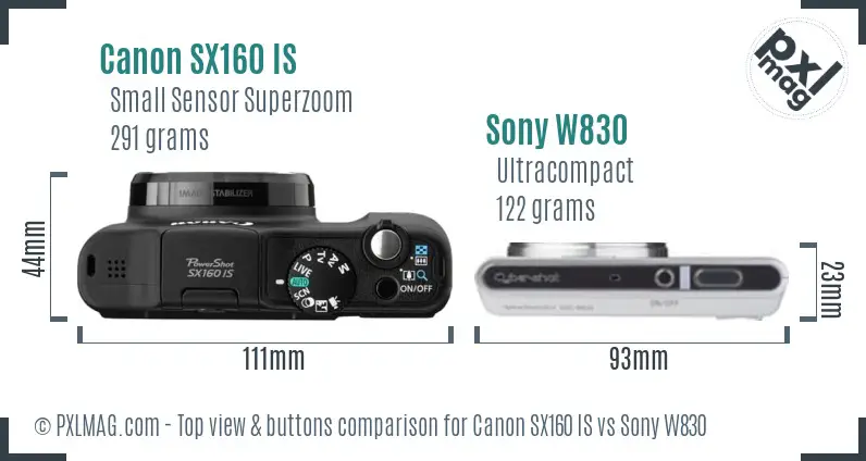 Canon SX160 IS vs Sony W830 top view buttons comparison