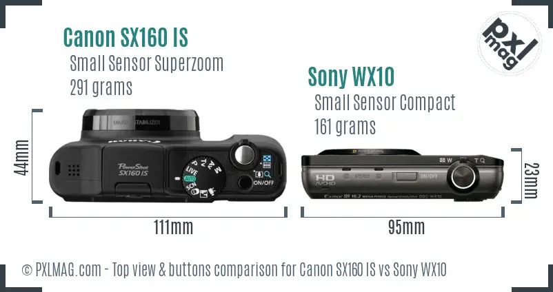 Canon SX160 IS vs Sony WX10 top view buttons comparison