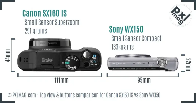 Canon SX160 IS vs Sony WX150 top view buttons comparison Canon SX160 IS vs Sony WX150 top view buttons comparison