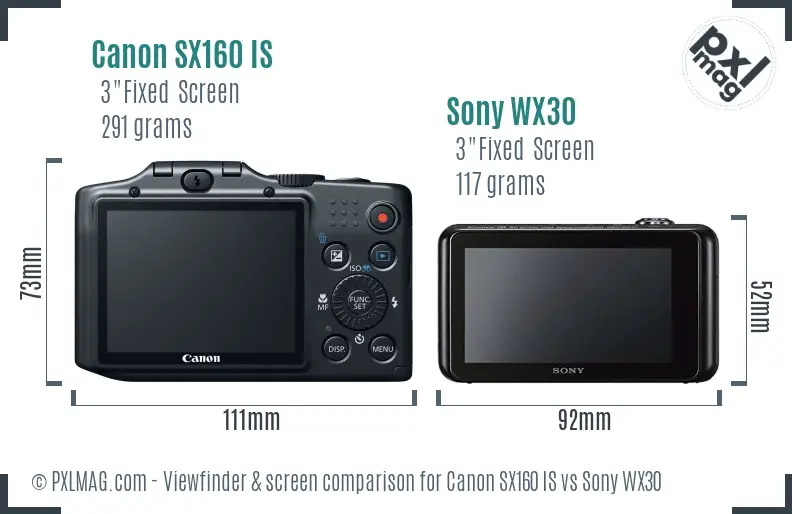 Canon SX160 IS vs Sony WX30 Screen and Viewfinder comparison